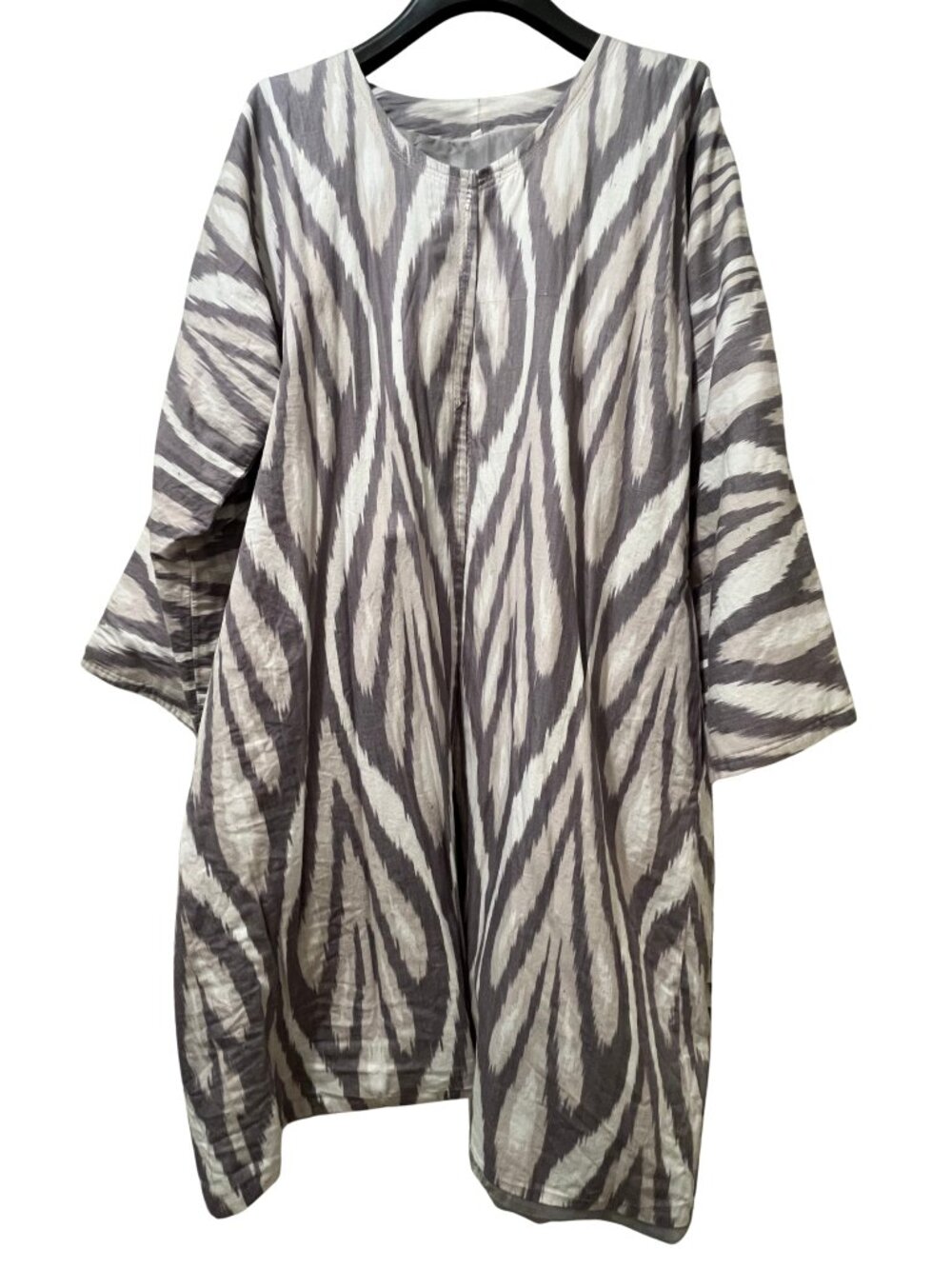 NWOT Tajik Handwoven Cotton Ikat Open Front Kimono Jacket, Gray/White, Size 2XL